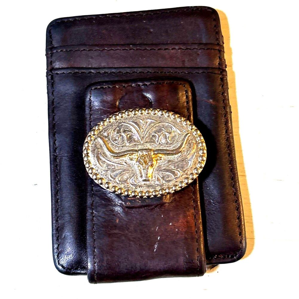 Men's Dark Brown Leather Front-Pocket Money Clip Wallet w/ Silver Steer Emblem